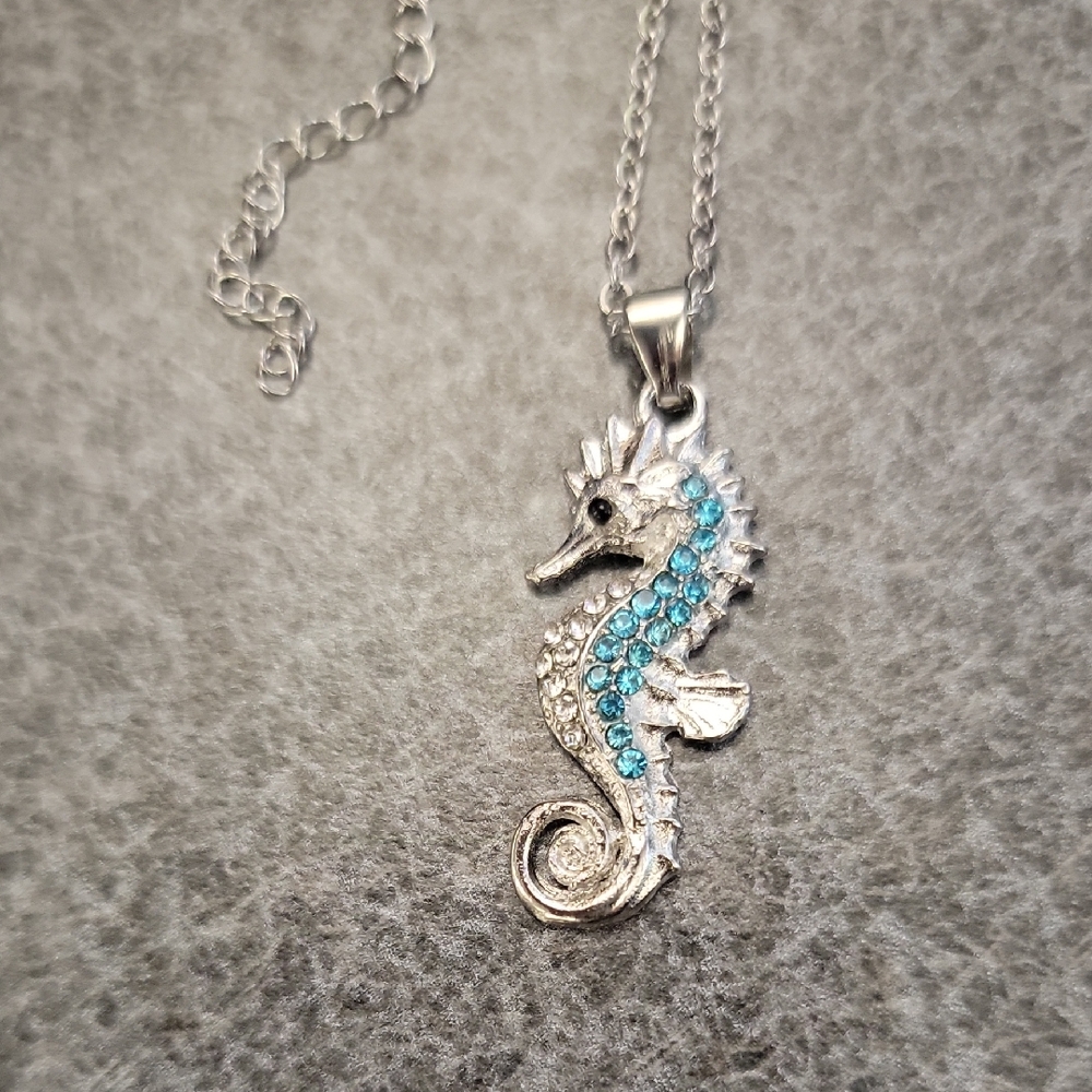 Silver Seahorse Necklace with  Blue Rhinestones